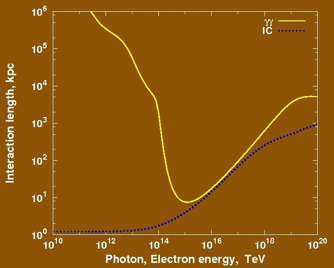 GAMMA RAY ABSORPTION The graph shows the mean free path for gamma rays and electrons (IC) in the MBR+IRB field. TeV gamma rays interact and produce electron pairs.
