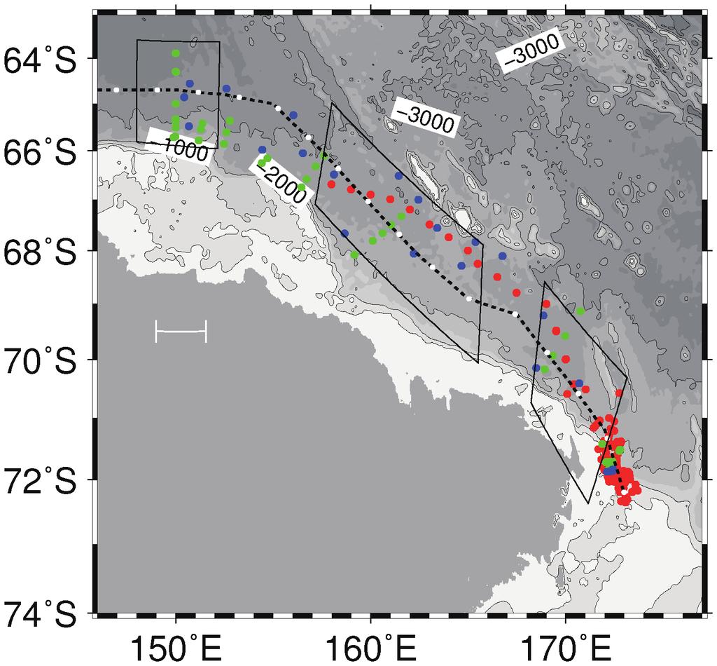 K. Shimada et al.: Influence of RSBW changes on the Antarctic Bottom Water 425 θ (deg.) θ (deg.) a c 28.30 28.33 28.36 28.30 28.33 28.36 b a George V Land Coast 100km d Salinity Balleney Islands b 28.