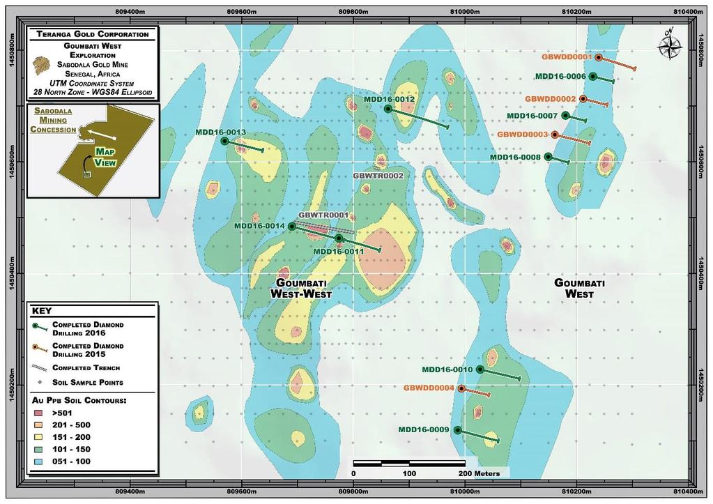 Figure 5: Goumbati West Prospect. Plan distribution of gold-in-soil anomalies, DDH collars and surface trace. Table 2: Goumbati West Drilling Highlights.
