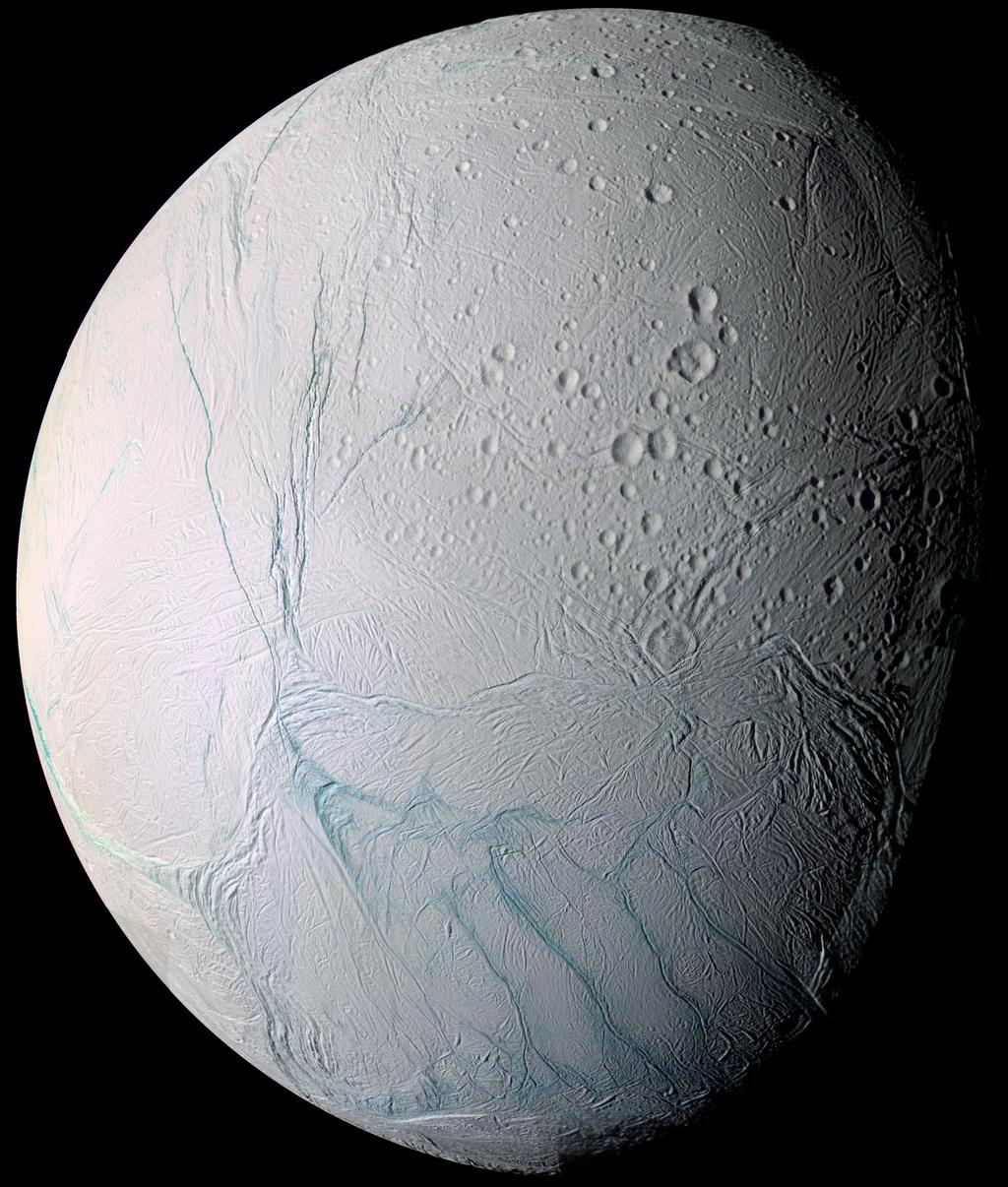 Enceladus Saturnian Moon with water vapor geysers erupting from Tiger Stripes on its South pole Plumes are very likely fed by a liquid subsurface saltwater