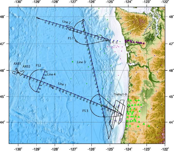The Experiment Coincident long streamer MCS (8 km) and wide-angle OBS (85 ST) Complete plate transects from JdF Ridge to the trench. ~ 400 km long transect parallel to deformation front.