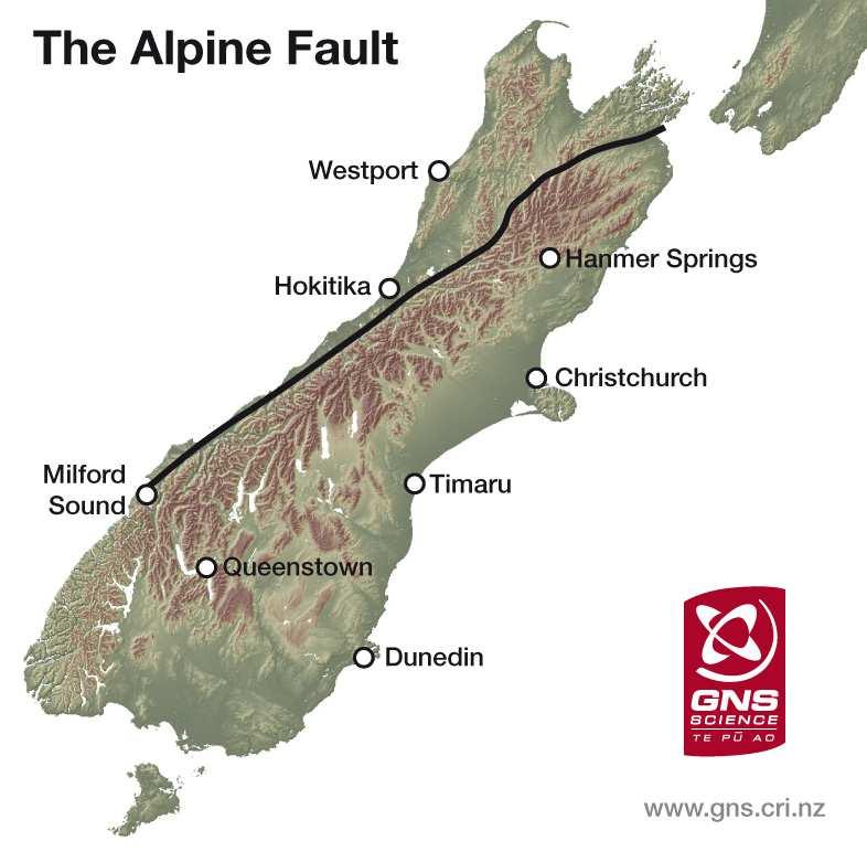 Figure 5: Map showing the extent of the Alpine Fault on the South Island. (Source: GNS) What part of New Zealand has the least risk of earthquakes?
