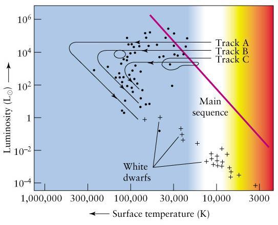 Red Giant White Dwarves Evolution of star changes its position on HR diagram over time Star becomes smaller but hotter as inner