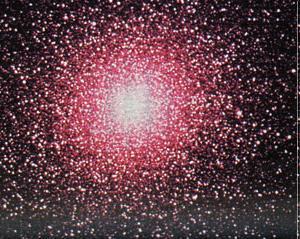 Globular Star Clusters fuzzy cotton ball by eye or with modest telescope usually dim red stars dense with 100,000 stars in 50-300 LY region with less than one light year