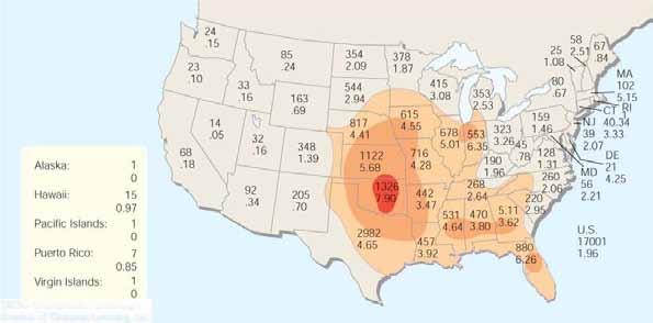 Tornado Occurrence Record year: 1998 1424 tornadoes! Tornadoes from T-storms in hurricanes Tornadoes from all 50 states of the U.S.
