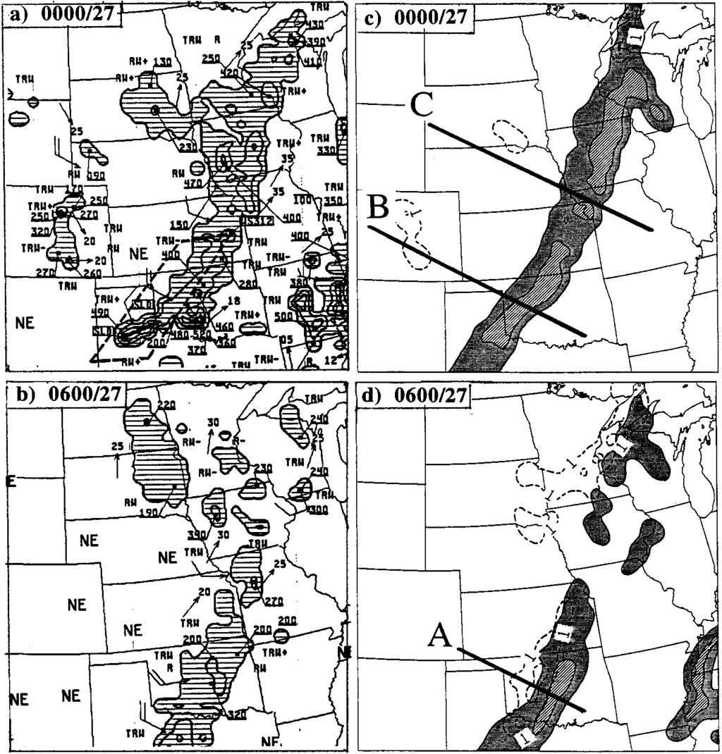 2548 MONTHLY WEATHER REVIEW VOLUME 125 FIG. 4. Left panels show radar summary charts at (a) 0000 UTC and (b) 0600 UTC 27 June 1985.