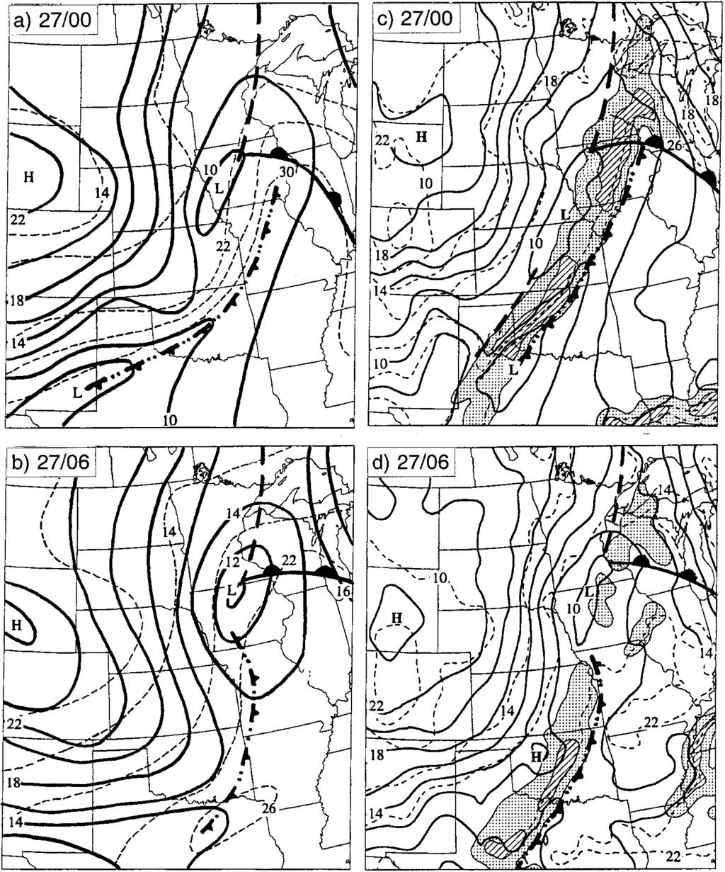 2550 MONTHLY WEATHER REVIEW VOLUME 125 FIG. 6. Left panels show sea level pressure (solid, every 2 hpa) and surface temperature (dashed, every 4 C) at (a) 0000 UTC and (b) 0600 UTC 27 June 1985.