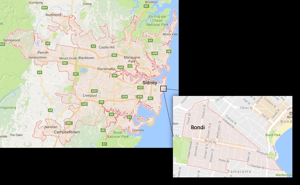 44CHAPTER 3. GEONW: AN AD-HOC GEOGRAPHIC KNOWLEDGE BASE Figure 3.9: Geographic locations of Sydney and Bondi places. Notice the former contains the latter 3.1.