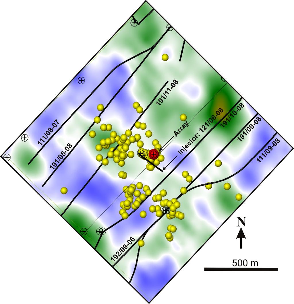 Figure 4. All located microseismic events (yellow dots) to June 2009 superposed on the 2004 time-lapse amplitude difference map (from 3D surface seismic) for the Midale Marly horizon.