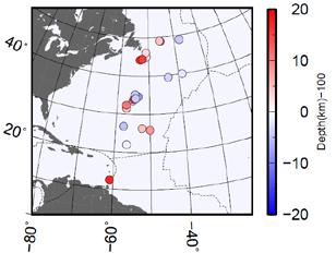 Figure 4.1 Plotted on these maps are the relative depths of the G, 410 km, and 660 km discontinuities.