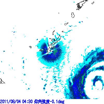 2011/08/04 Typhoon MUIFA (1011) Calm day Sea clutter Okinawa radar Reflectivity factor 0.1deg Reflectivity factor 0.