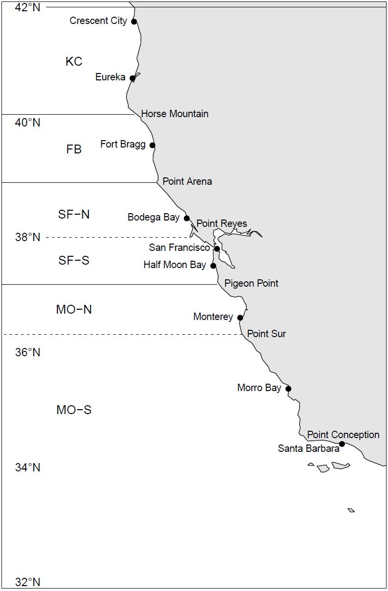 Figure 1. Map of California ocean salmon fishery management areas. The current SF management area is the area between Point Arena and Pigeon Point (comprised of SF-N and SF-S).