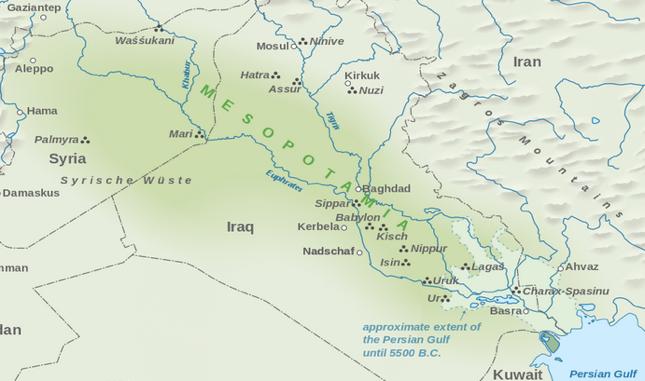 Mesopotamia, Ancient Greek Μεσοποταµία, "between rivers (Euphrates and Tigris) The Sumerian civilization appeared before 3500 BCE - cradle of civilization Cities, irrigation systems, a legal system,