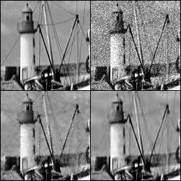 Fig. 4. Comparison of denoising results on two images (cropped to 128 128 for visibility of the artifacts). Left: Boats image. Top-left: original image. Top-right: noisy image, PSNR = 22.