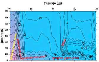 a b Figure 2. Thermal structure (a) and salinity structure (b) along 45 E. Figure 3. Vertical profile for salinity and temperature at (a) 42 S, 45 E and (b) 47 S, 45 E.