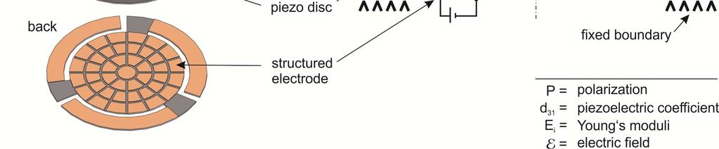 2). The piezoelectric disc is sandwiched between two metallic electrodes, an unstructured ground electrode on the front side and a structured