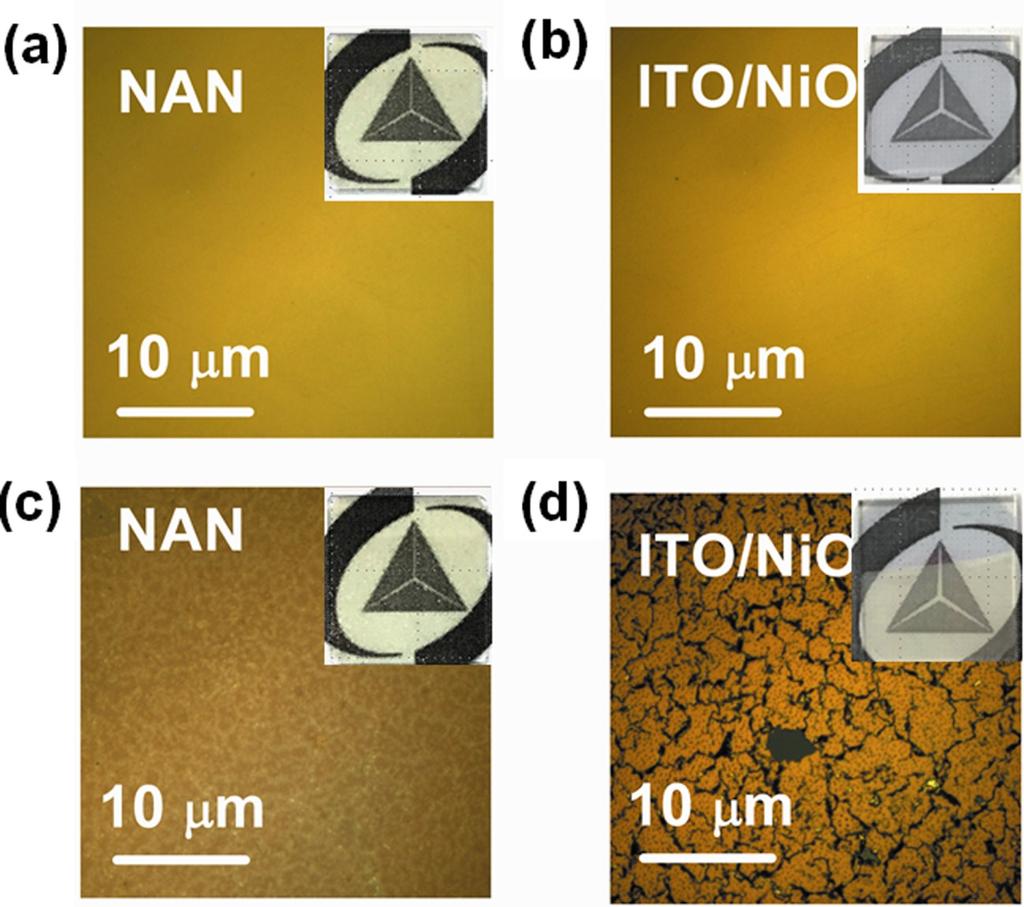 Figure S4. Optical microscope images of NAN and ITO/NiO films (a, b) before and (c, d) after electrochemical cycling for 400 times.
