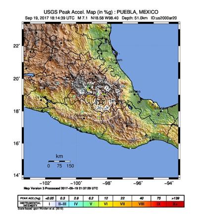 This event had a preliminary peak ground acceleration (PGA) of 0.4-0.5g near the epicenter; see Figure 3. In Mexico, a large array of strong motion stations are employed to record earthquake data.