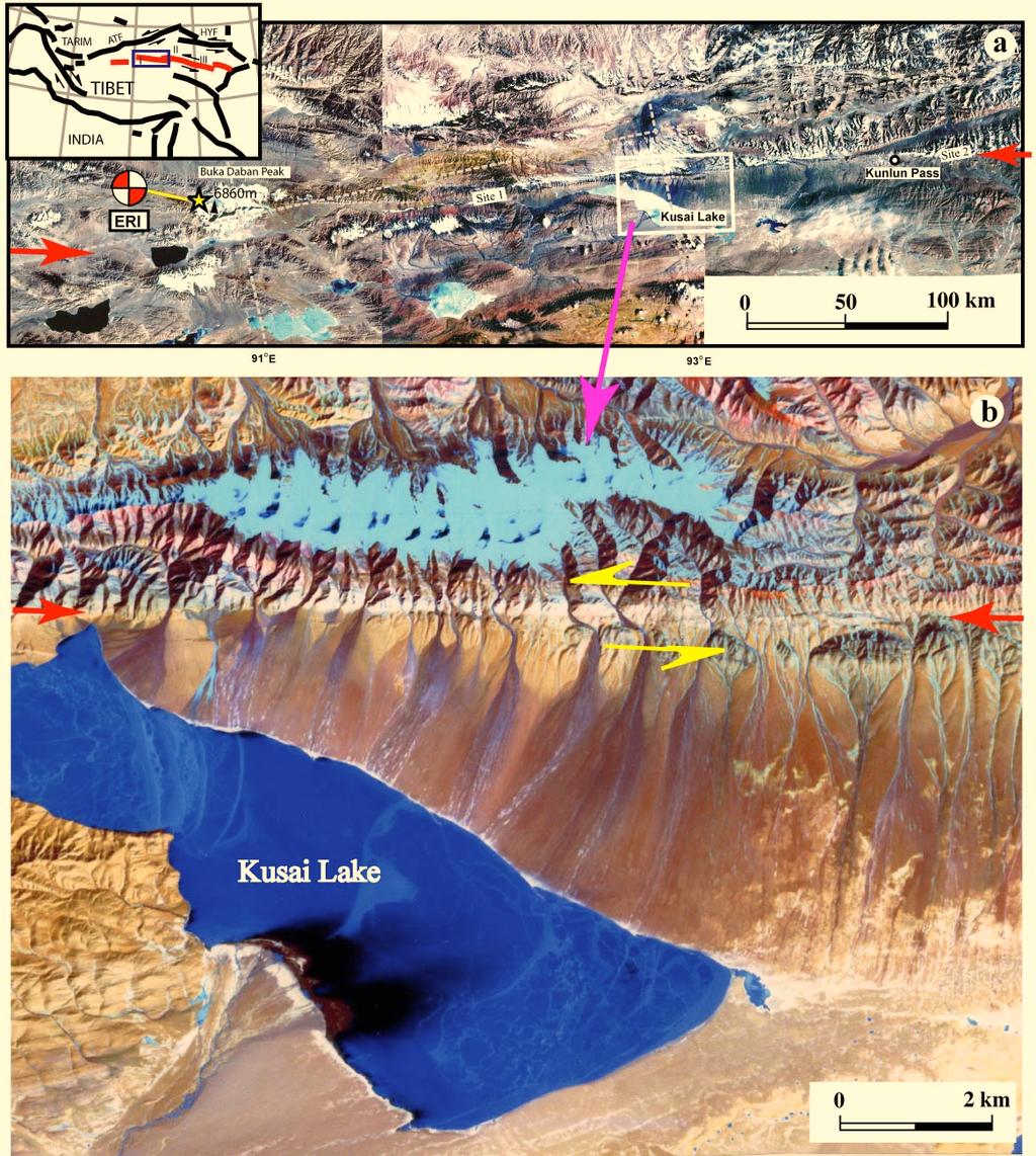 2 The Open Geology Journal, 2008, Volume 2 Aiming Lin Fig. (1). (a) Landsat image showing the Kunlun fault (indicated by red arrows) in the study area.