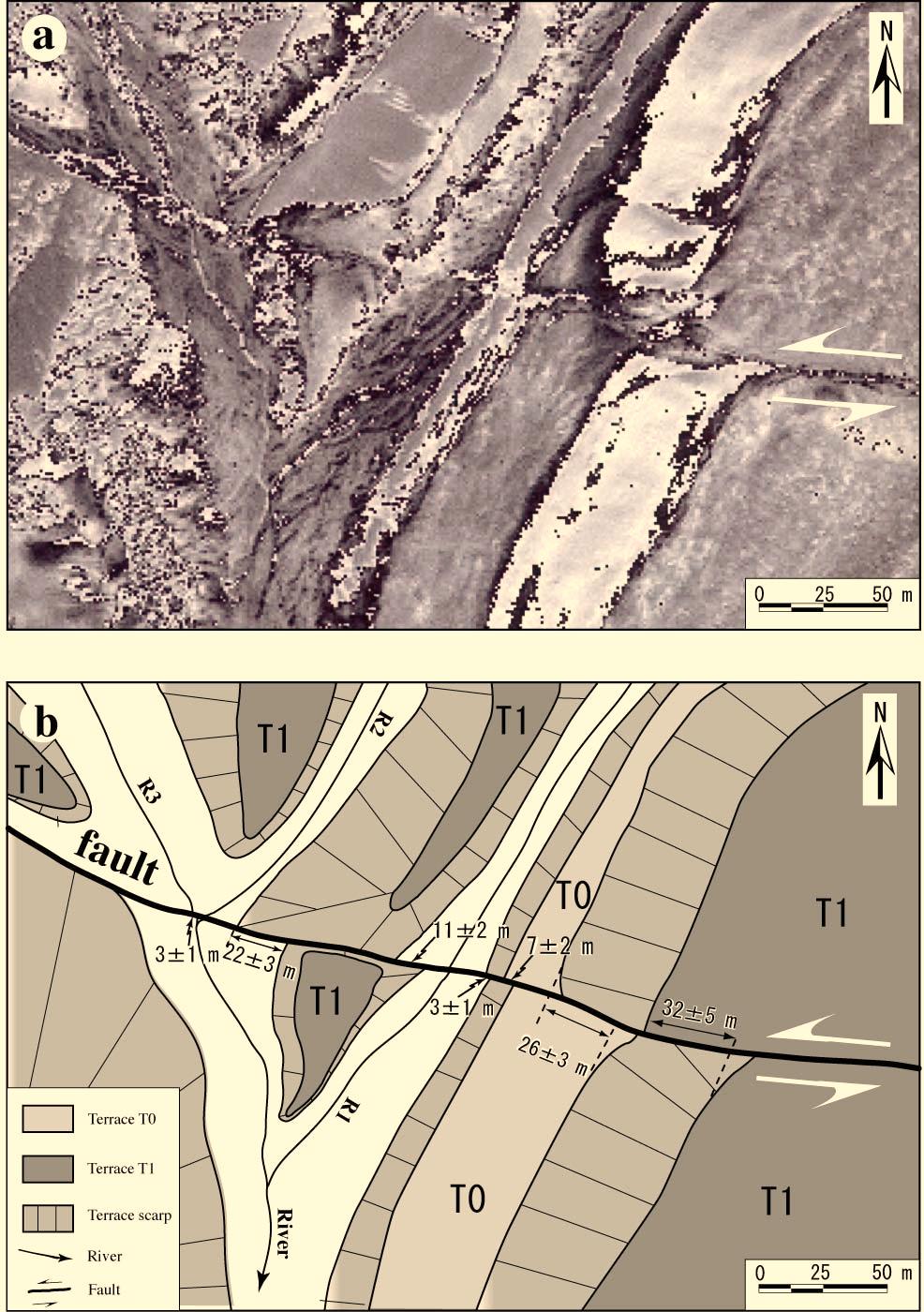 4 The Open Geology Journal, 2008, Volume 2 Aiming Lin Fig. (3). (a) Close-up view of IKONOS image shown in Fig. (2a) and (b) corresponding sketch.