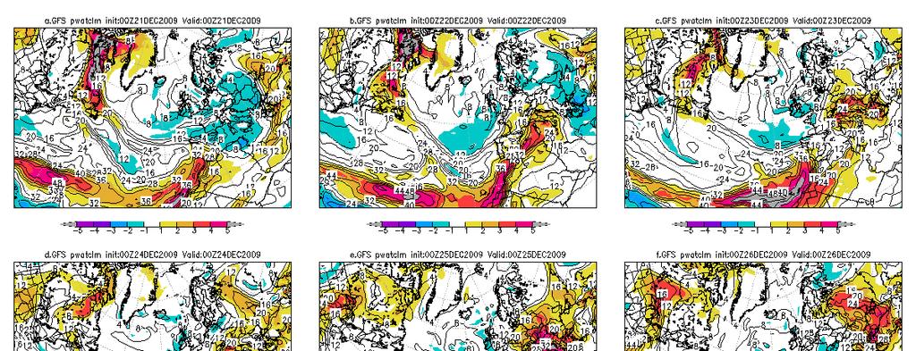 Figure 5. As in Figure 4 except showing precipitable water (mm) and precipitable water anomalies. Return to text. Greenland and northeastern North America.