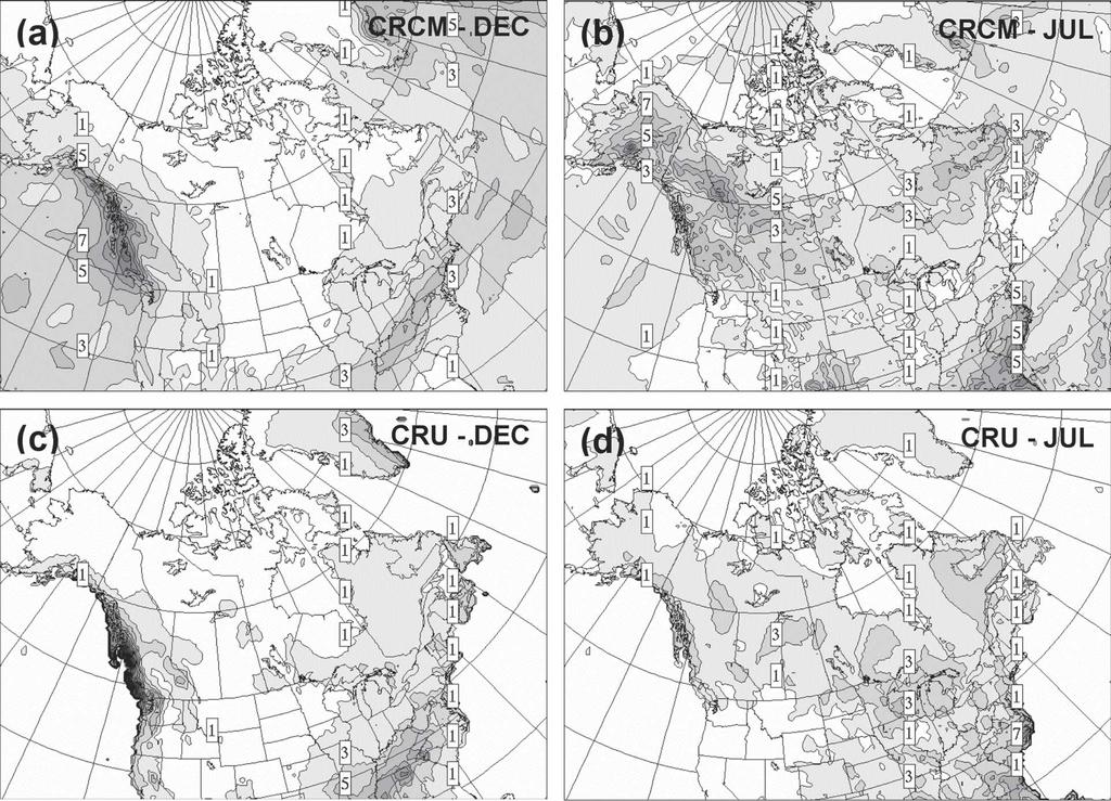 MARCH 2006 J I A O A N D C A Y A 929 FIG. 10. Monthly mean precipitation simulated by the (top) modified CRCM and (bottom) CRU observation for (right) July and (left) December 1991.