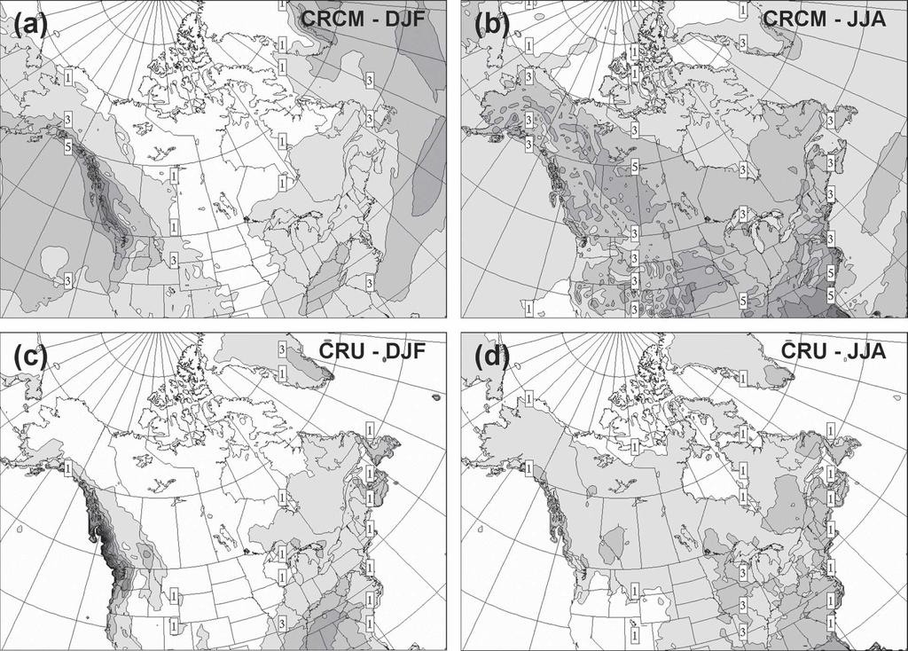 MARCH 2006 J I A O A N D C A Y A 925 FIG. 4. (top) Simulated and (bottom) CRU observation of the seasonal mean precipitation for (left) winter (DJF) and (right) summer (JJA) for 1988 91.
