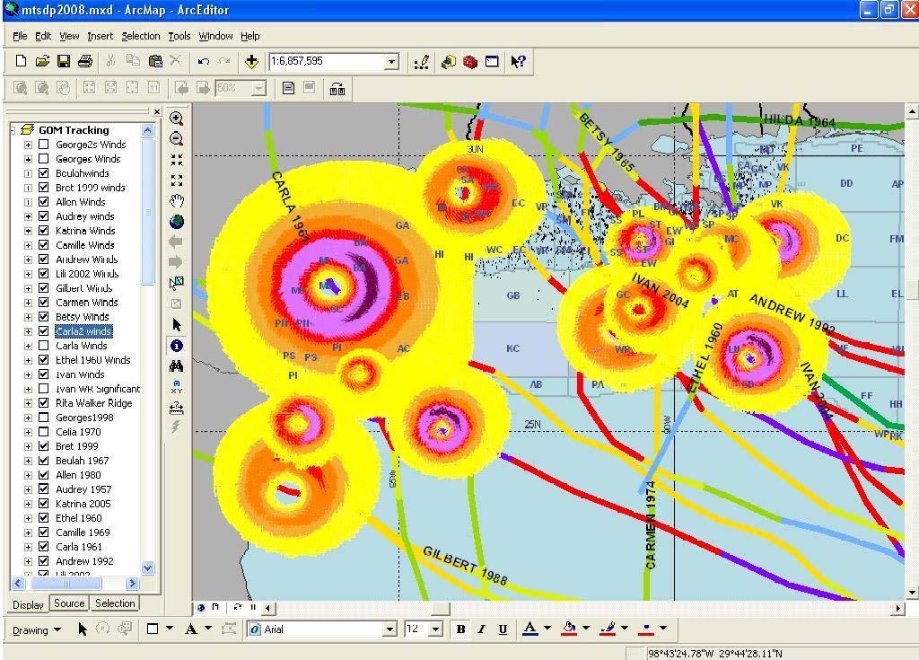 WRC then uses ERSI ArcView to plot the wind and wave fields over the Gulf of Mexico oil leases.