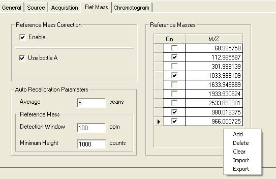 Addition of Negative Ion Reference Ion From Acquisition MS TOF Tab General Tab Ion Polarity Negative Ref Mass Tab Right Click Add Input Mass 966.000725 Input Mass 980.