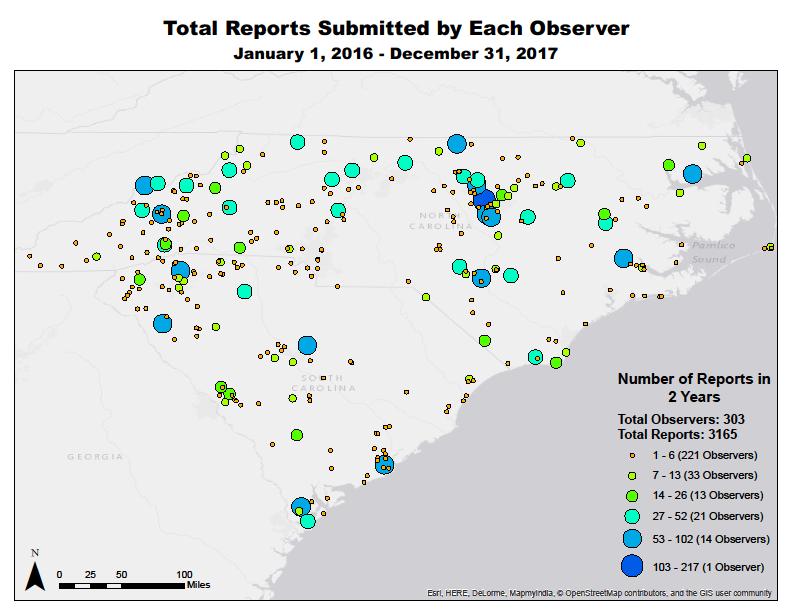 Volunteer Participation Figure 9 below shows Carolinas condition monitoring observer locations and the number of reports submitted by each observer.
