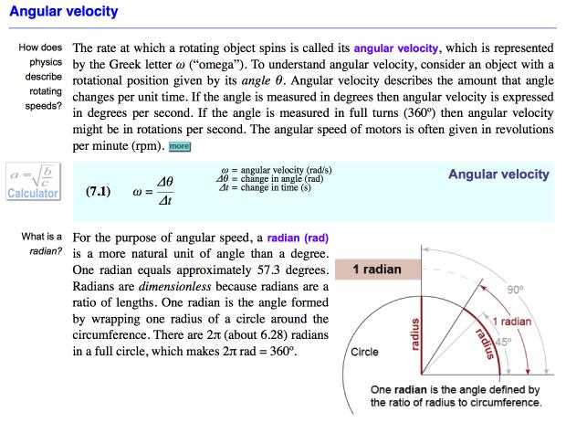 Exploing the ideas Click this inteactive calculato on page 208. What is a wheel's angula velocity if it otates by 57.3 evey second? ( adian= 57.