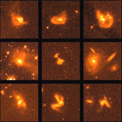 With successive passages, spiral galaxies can tumble together to form a