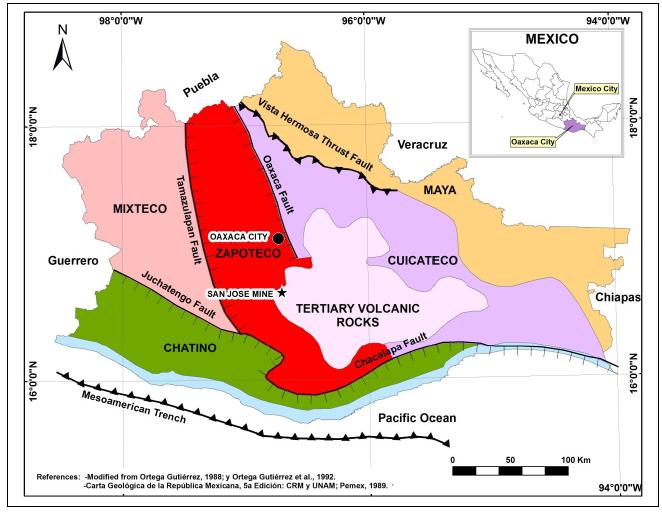 Tectonostratigraphic Terranes of Oaxaca OAXACA BASIN AGUILA MINE Cuicateco Terrane consisting of Mesozoic volcanosedimentary sequence formed in a submarine volcanic arc with a