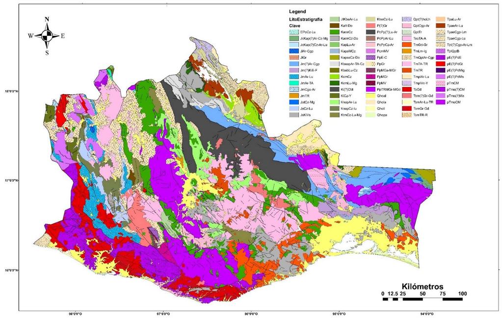 Oaxaca Geology - Lithostratigraphy Modified from Geology Map of Oaxaca by Servicio Geologico Mexicano (SGM) Tertiary volcanics dominated by rhyolitic to andesitic