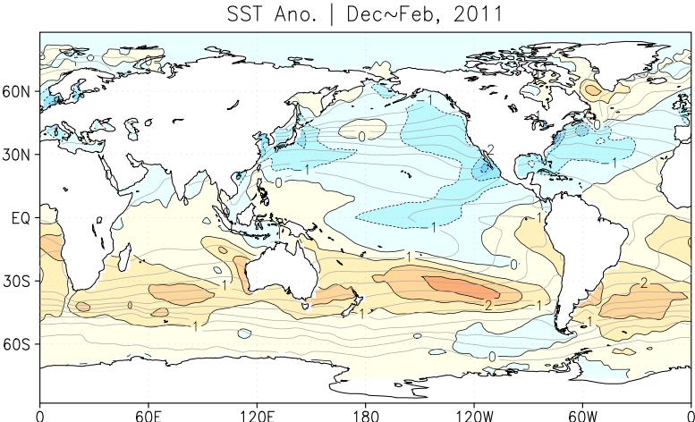 a) b) c) d) Graph 1. Anomaly Distributions of SST (a), 200-850hPa Zonal Wind Anomaly (b), OLR(c) and SLP (d) from Dec 2010 to Feb 2011 Figure description: Figure1.