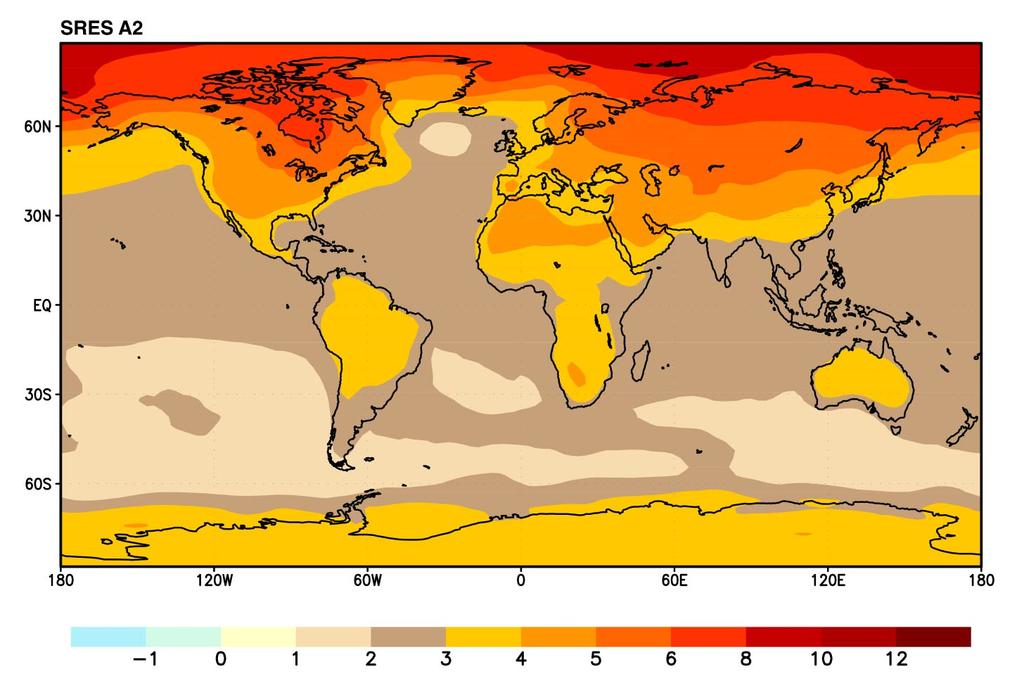 Land areas are projected to warm more than the oceans with the greatest warming at high