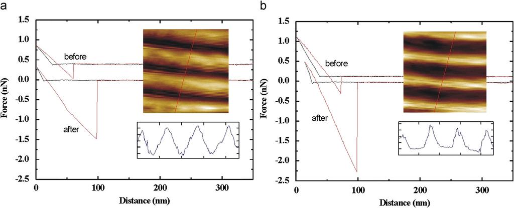 The scan ranges were 4:5 4:5 mm 2. Fig. 3. The force distance curves and RT-AFM images were measured by (a) hydrophobic coated tip and (b) uncoated (normal) tip.