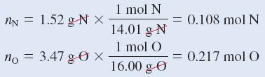EXAMPLE A sample of a compound contains 1.52 g of nitrogen (N) and 3.47 g of oxygen (O). The molar mass of this compound is between 90 g and 95 g.