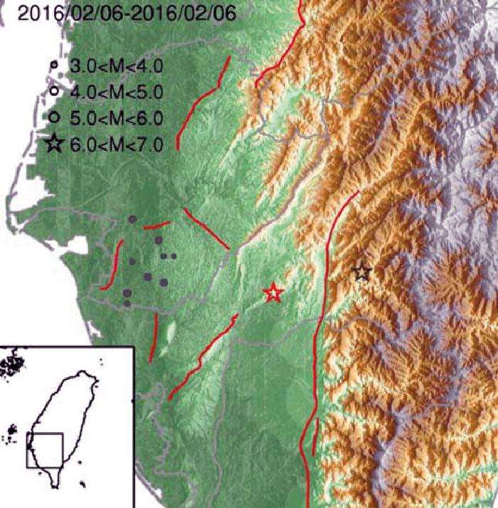 Location map, with the epicentre of the 2016 and 2010 earthquakes shown by the orange and black stars respectively; orange lines show mapped active faults.