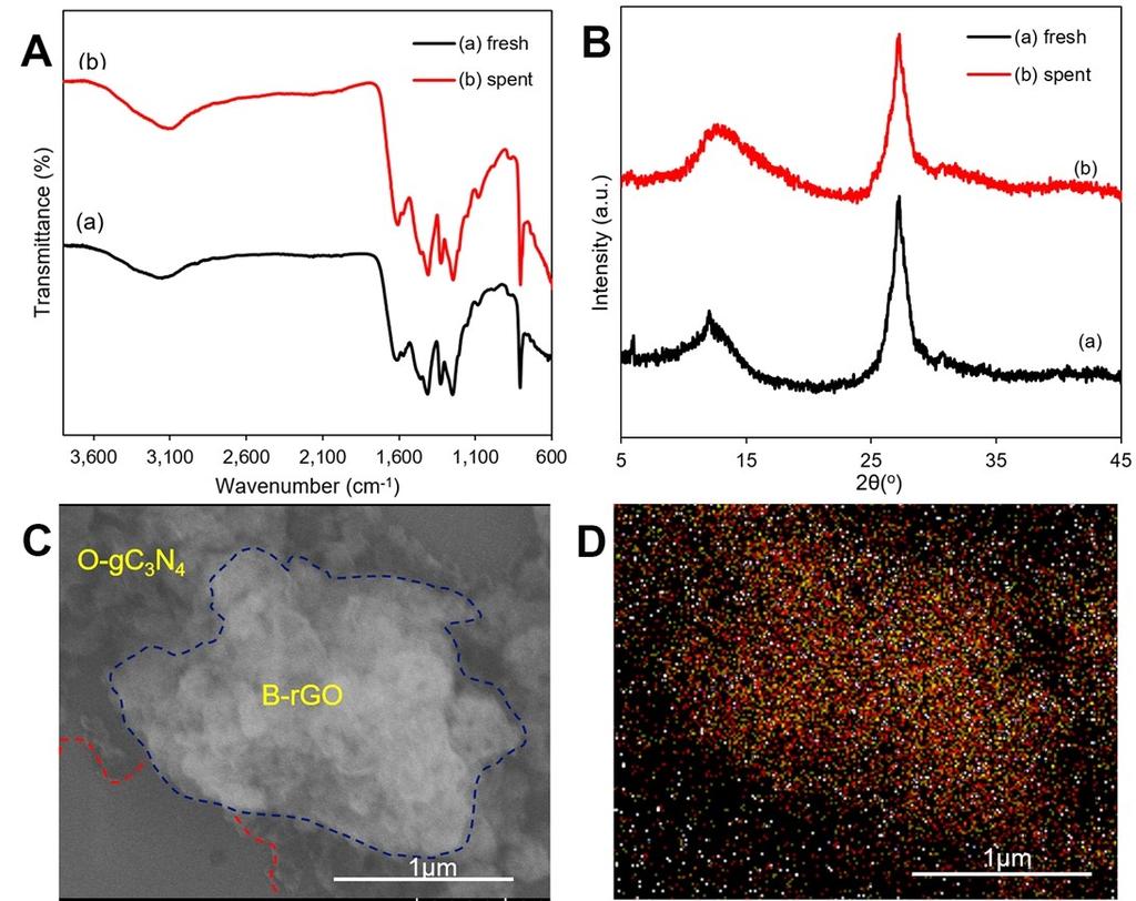 Fig. S7 (A) XRD patterns, (B) FTIR spectra, (C) FESEM and (D) EDX elemental mapping comprising carbon (red), nitrogen (yellow) and oxygen (white)