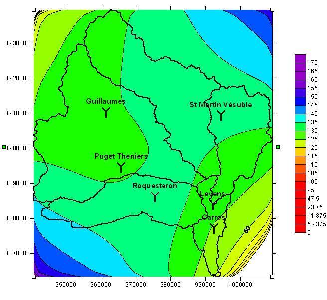 Three rainfall distributions were built using SURFER 8 software: Figure 3 : Rainfall distribution with Spline