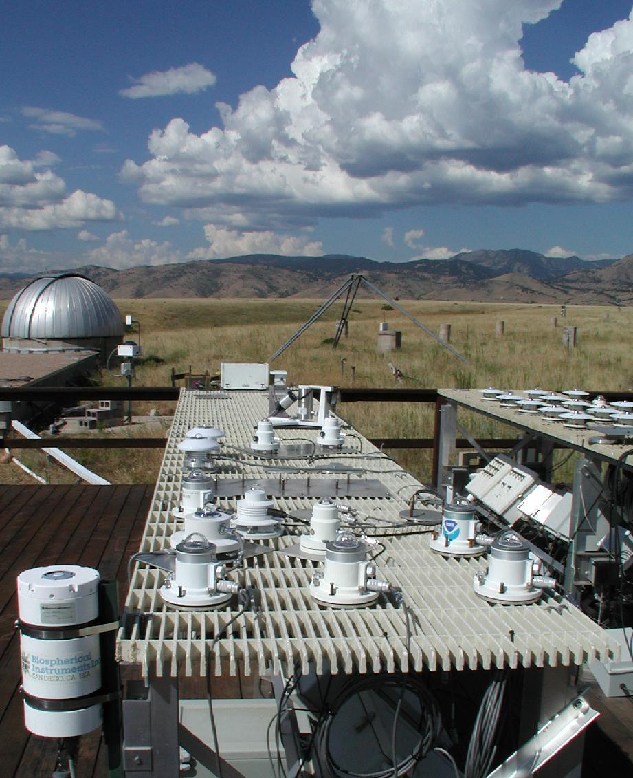 Figure 2: View of 12 UV broadband radiometers at the Central UV Calibration Facility (CUCF), Boulder, CO, USA.
