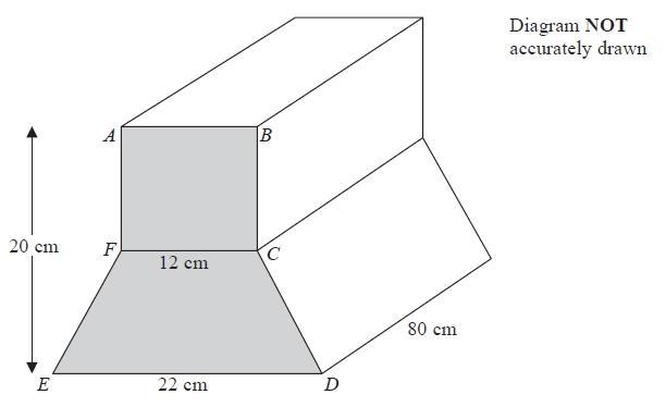 26. Here is a prism. ABCDEF is the cross section of the prism. ABCF is a square of side 12 cm. FCDE is a trapezium. ED = 22 cm.
