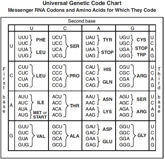 Part D Questions Base your answers to questions 21 through 23 on the Universal Genetic Code Chart below and on your knowledge of biology.