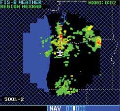 Part Seven: Section 2 ADS-B Interface: FIS-B Weather Regional NEXRAD The Display RGN NEXRAD selection shows NEXRAD radar information for the region near the aircraft location.