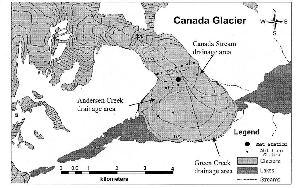 6 Application to Canada Glacier The model was applied to Canada Glacier (Figure 2) to predict melt-water runoff.