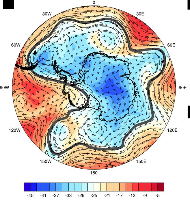 Large-scale atmospheric circulation Prominent pressure ridge created dent in circumpolar westerly flow. Strong warm advection toward Marie Byrd Land and Ross Ice Shelf.