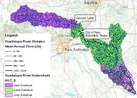 Figure 1: Guadalupe River Basin The main area of interest for the current analysis is Comal County including the City of New Braunfels, Texas, Spring Branch