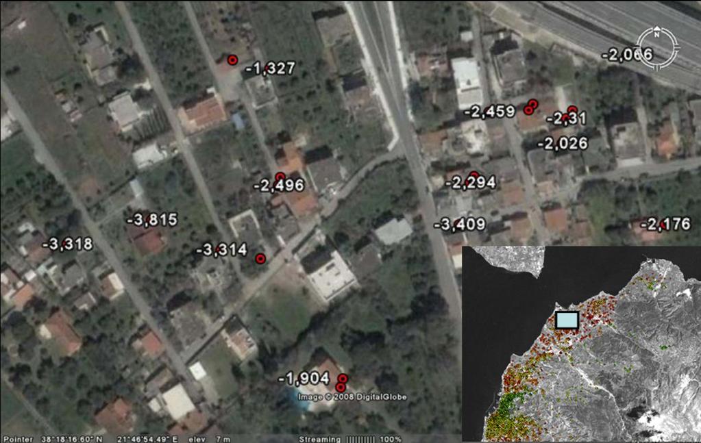 Point targets plotted over a Quickbird image in Google Earth environment with the related