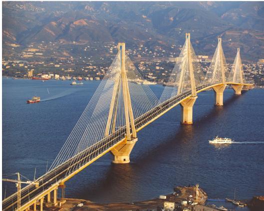 The Rio Antirio Bridge is the longest multi-span cable stayed bridge of the World with its 2,252 meters deck Its foundations lay on a seabed that reaches 65 meters of depth.